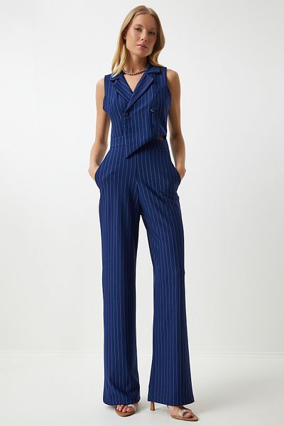 Happiness İstanbul Navy Blue Thin Striped Women's Jumpsuit - Double Breasted Collar, Lycra TO00142