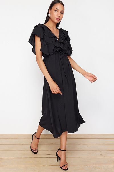 Trendyol Collection Černé viskózové šaty s detailem setrvačníku - A-line - TWOSS24EL01053