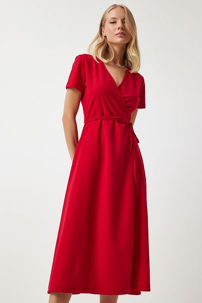Happiness İstanbul Rotes Midi-Strickkleid mit V-Ausschnitt - Wraped TO00134