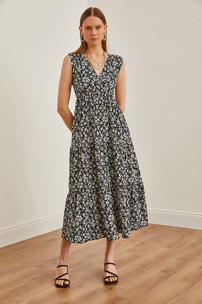 Olalook Μαύρο μάξι πλεκτό φόρεμα με σχέδιο Daisy - Διπλός γιακάς, ELB-19002125