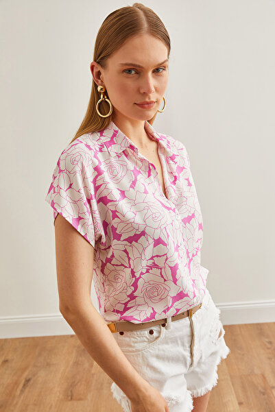 Olalook Cămașă pentru femei cu model trandafiri, alb, roz - mânecă liliac GML-19001218