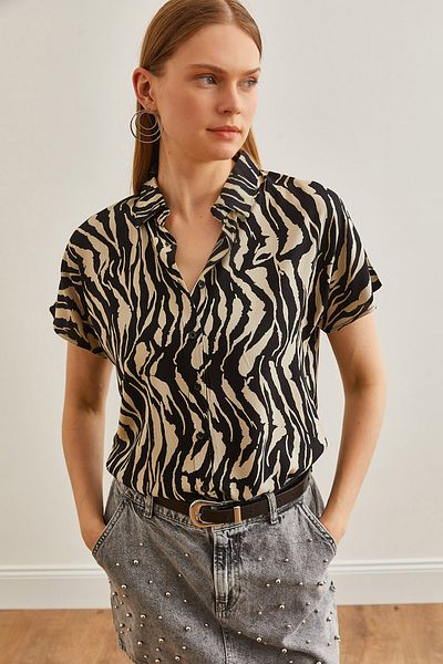 Olalook Cămașă pentru femei din viscoză cu model piatră leopard - mânecă liliac GML-19001219