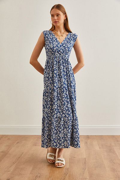 Olalook Daisy Indigo mintás duplasoros maxi kötött ruha - ELB-19002125