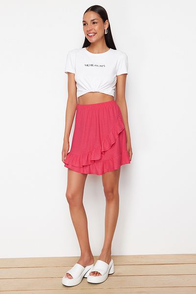 Trendyol Collection Fuchsia Textured Asymmetric Ruffle Detailed Elastic Waist Flexible Mini Knitted Skirt TWOSS24ET00250