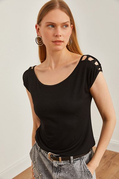 Olalook Schwarze Viskose-Strickbluse – Überkreuzte Paspelierung, BLZ-19002658