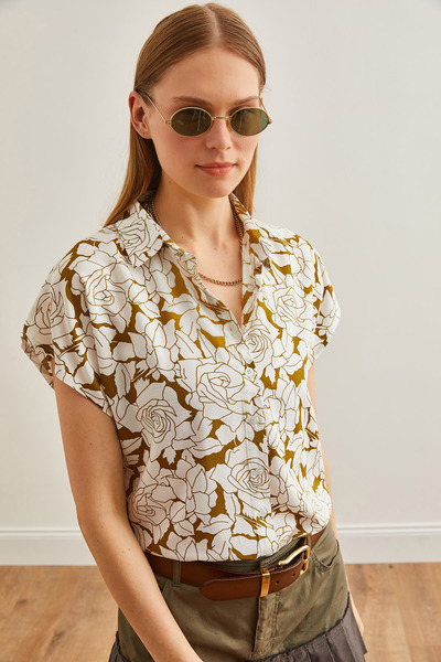 Olalook Cămașă pentru femei cu model alb, verde, trandafiri - mânecă liliac, fluidă GML-19001218