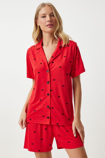 Happiness İstanbul Red Viscose Women's Pajamas Set - Heart Shorts and Shirt EC00035