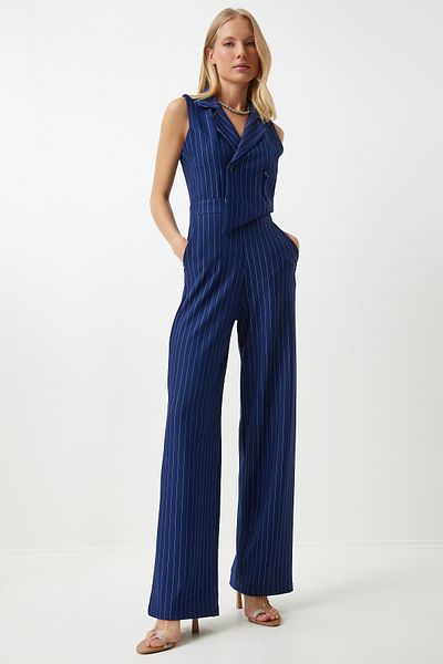 Happiness İstanbul Navy Blue Thin Striped Women's Jumpsuit - Double Breasted Collar, Lycra TO00142