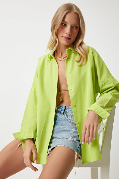 Happiness İstanbul Pisztácia zöld Oversize női ing - hosszú alapmodell MX00167