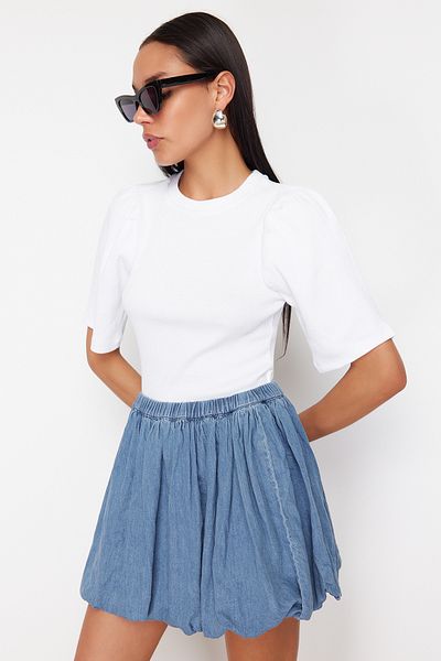 Trendyol Collection White Balloon Sleeve Crew Neck Ribbed Flexible Knitted Blouse TWOSS24BZ00160