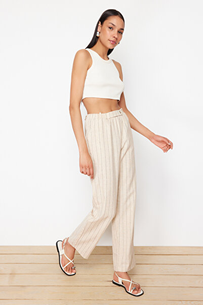 Trendyol Collection Beige Straight Cut Linen Blend Trousers - TWOSS24PL00179