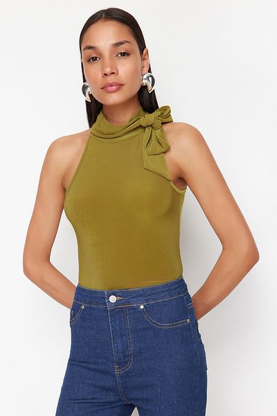 Trendyol Collection Πράσινο κασκόλ στερέωσης Λεπτομερής κανονική/κανονική φόρμα εύκαμπτη πλεκτή μπλούζα TWOSS24BZ00635