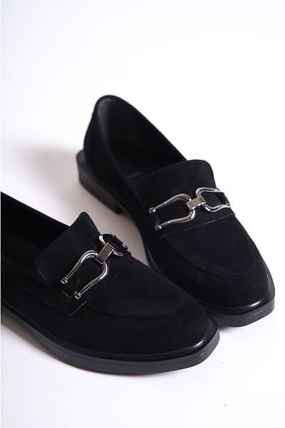 Shoesers Дамски мокасини с катарама с детайли от велур Ежедневни обувки черни