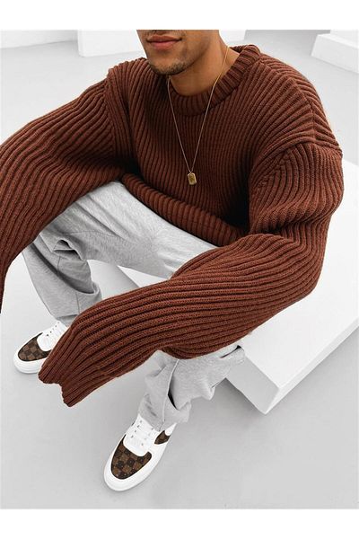 ablukaonline Extra Oversize Corded Knitted Sweater Brown -Kzk.0007