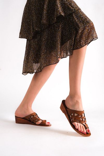 BODRUMLU SİNCE 1941 Afluke Handmade Genuine Leather Wedge Heel Women's Slippers
