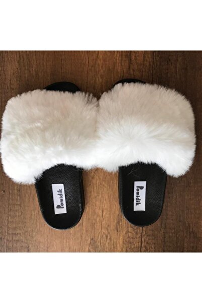 Pomidik Women's White Soft Loose Furry Single Strap Summer Slippers