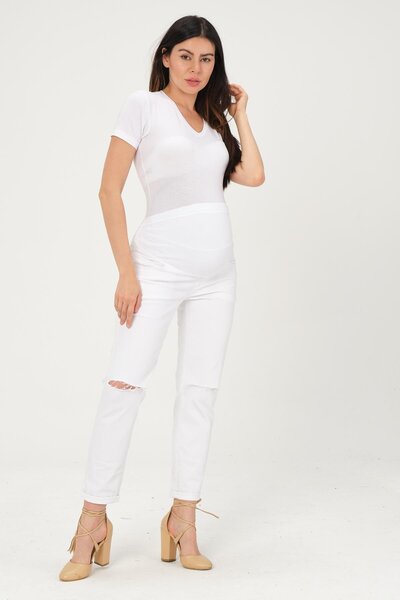 BUSA حزام خصر للحوامل، حزام بطن مرن، بنطال جينز مناسب للأم باللون الأبيض