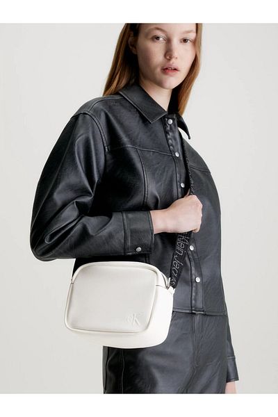 Calvin Klein Women's Leather Brand Logo Zippered Daily Use White Shoulder Bag K60K611554-YAF