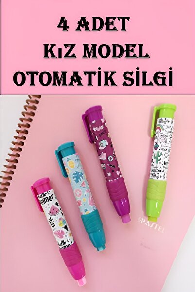 GÜZELYÜZ AVM 4 Adet Kız Model Otomatik Silgi - Üstten Basmalı Okul Silgisi
