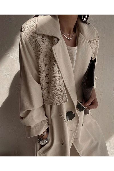 Lavanta Tekstil Guipure Detailed Belted Design Trench Coat - Stone