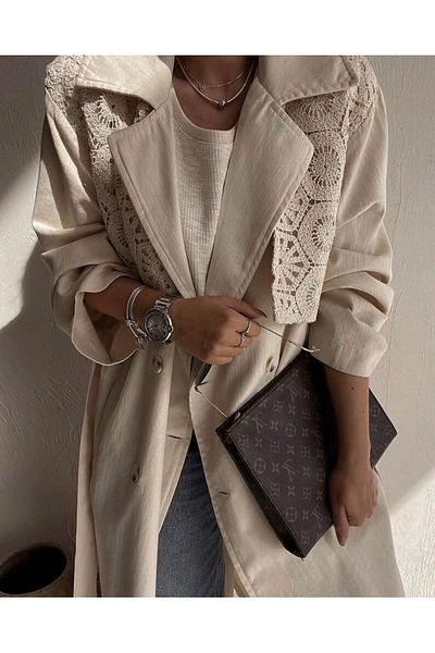 Lavanta Tekstil Guipure Detailed Belted Design Trench Coat - Stone
