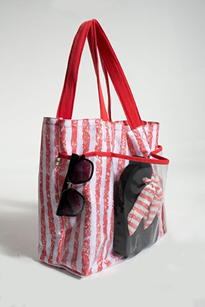 Bermody Κόκκινη τσάντα παραλίας με μαλακή λαβή πολλαπλών τσέπης, αδιάβροχη