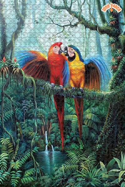 Teona Ahşap Ormandaki Papağanların Aşkı Dekoratif Çift Katlı Çerçeveli Asılab...