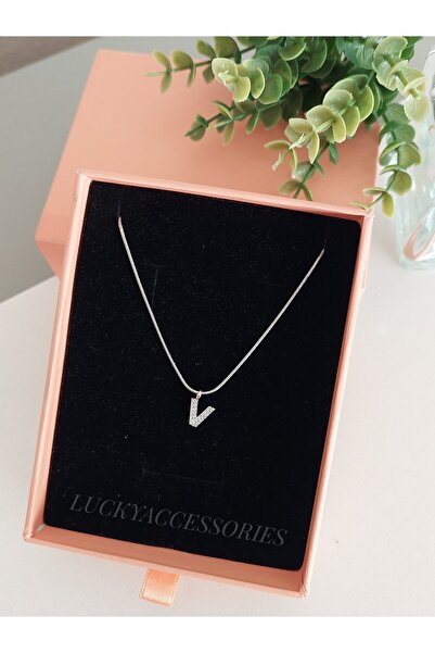LUCKY ACCESSORIES Çelik Silver Rodyum  Kaplama Harf Kolye V Harfi