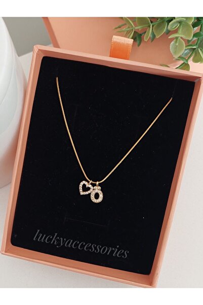 LUCKY ACCESSORIES Çelik Minimal Zirkon Taşlı Harf Kalpli Kadın Gold Kolye, Sevgiliye Hediye, Ö Harfi