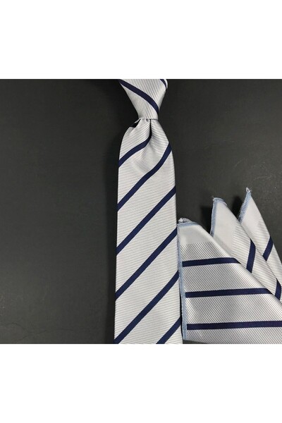 Sade Kravat Kırık Beyaz Lacivert Çizgili Mendilli İnce Kravat 28250 Kirli Beyaz