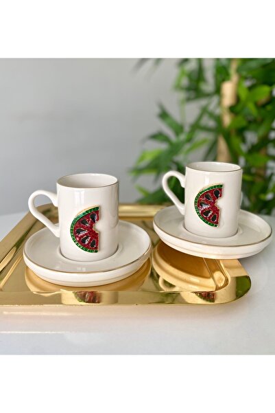 Sillage Home Gold Gilded Porcelain Coffee Cup Set for 2 People - Watermelon