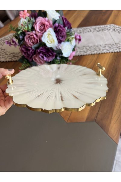 Sultan Tasarım Yuvarlak Dalgalı Desenli Iki Kişilik Söz Nişan Damat Epoksi Tepsisi - 26 Cm Çap