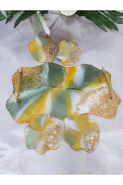 Lemur Sineklik Large Size Gold Leaf Wavy Patterned Promise Engagement Groom Epoxy Tray Coaster Set
