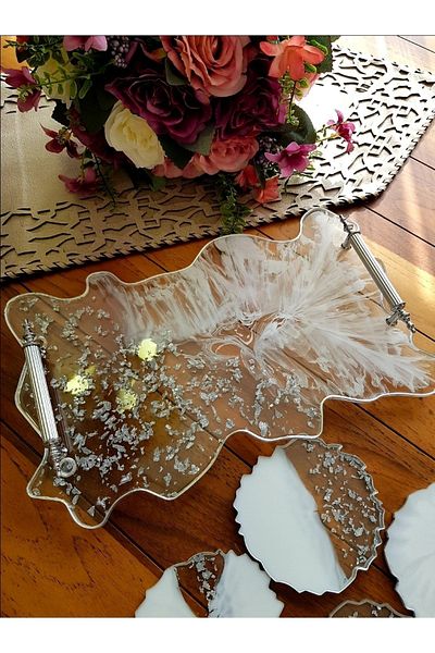 Sultan Tasarım Large Size Silver Leaf Wavy Patterned Promise Engagement Groom Epoxy Tray Coaster Set