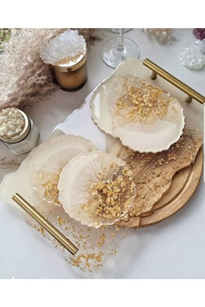 Sultan Tasarım Büyük Boy Altın Varaklı Dalgalı Desenli Söz Nişan Damat Epoksi Tepsi Bardak Altlığı Seti