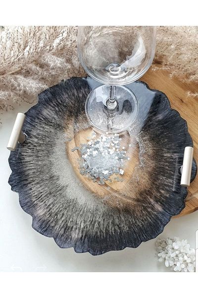 Sultan Tasarım Round Wavy Patterned Epoxy Tray for Two - Promise Engagement Groom - 26 Cm Diameter