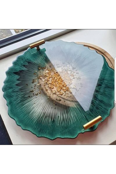 Sultan Tasarım Gold Leaf Round Wavy Patterned Promise Engagement Groom Epoxy Tray for Two - 26 Cm Diameter