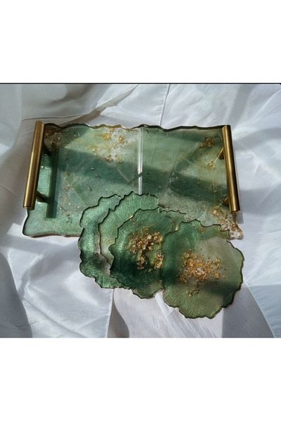 Sultan Tasarım Gold Leaf Wavy Patterned Epoxy Presentation Tray Coaster Set for Two Promise Engagement Groom