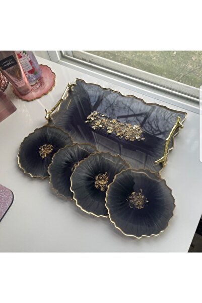 Sultan Tasarım Büyük Boy Altın Varaklı Dalgalı Desenli Söz Nişan Damat Epoksi Tepsi Bardak Altlığı Seti