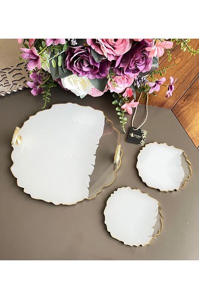 Sultan Tasarım Round Wavy Patterned Epoxy Presentation Tray Coaster Set for Two Promise Engagement Groom