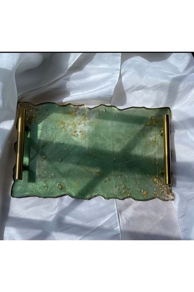 Lemur Sineklik Gold Leaf Rectangular Wavy Patterned Promise Engagement Groom Epoxy Presentation Tray for Two