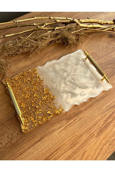 Sultan Tasarım Gold Leaf Rectangular Wavy Patterned Promise Engagement Groom Epoxy Presentation Tray for Two