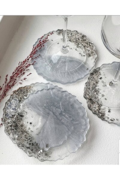 Sultan Tasarım Set of 4 Epoxy Coasters with Silver Leaf