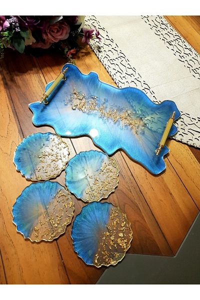 Sultan Tasarım Large Size Gold Leaf Wavy Patterned Promise Engagement Groom Epoxy Tray Coaster Set