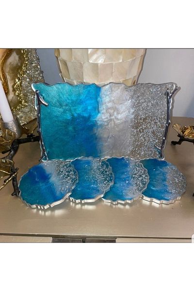 Sultan Tasarım Silver Leaf Round Wavy Epoxy Presentation Tray Coaster Set for Two Promise Engagement Groom