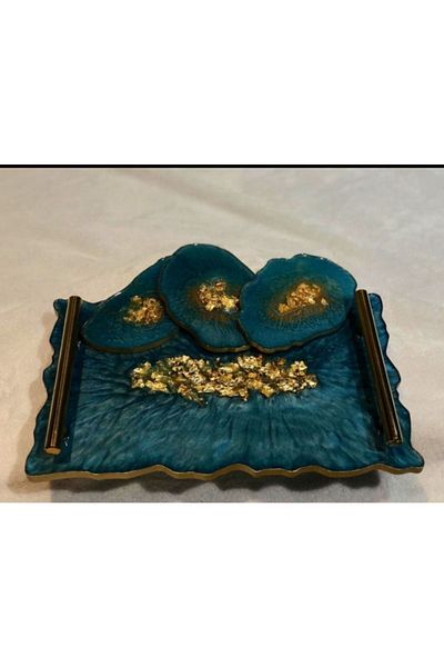 Sultan Tasarım Gold Leaf Wavy Patterned Epoxy Presentation Tray Coaster Set for Two Promise Engagement Groom