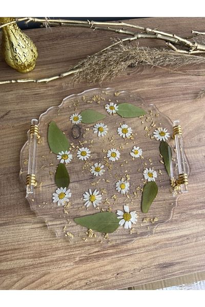 Sultan Tasarım Real Daisy Floral Glass Epoxy Tray with Handles