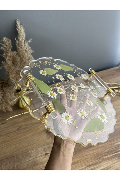 Sultan Tasarım Real Daisy Floral Glass Epoxy Tray with Handles