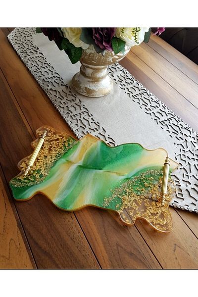 Lemur Sineklik Large Size Gold Leaf Rectangular Wavy Patterned Promise Engagement Groom Epoxy Tray