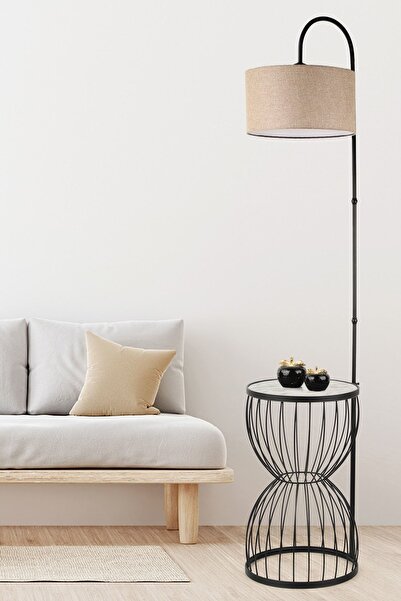 Begüsa Venezia Sehpa Lambader Siyah Mermer Ahşap Hasır Şapka